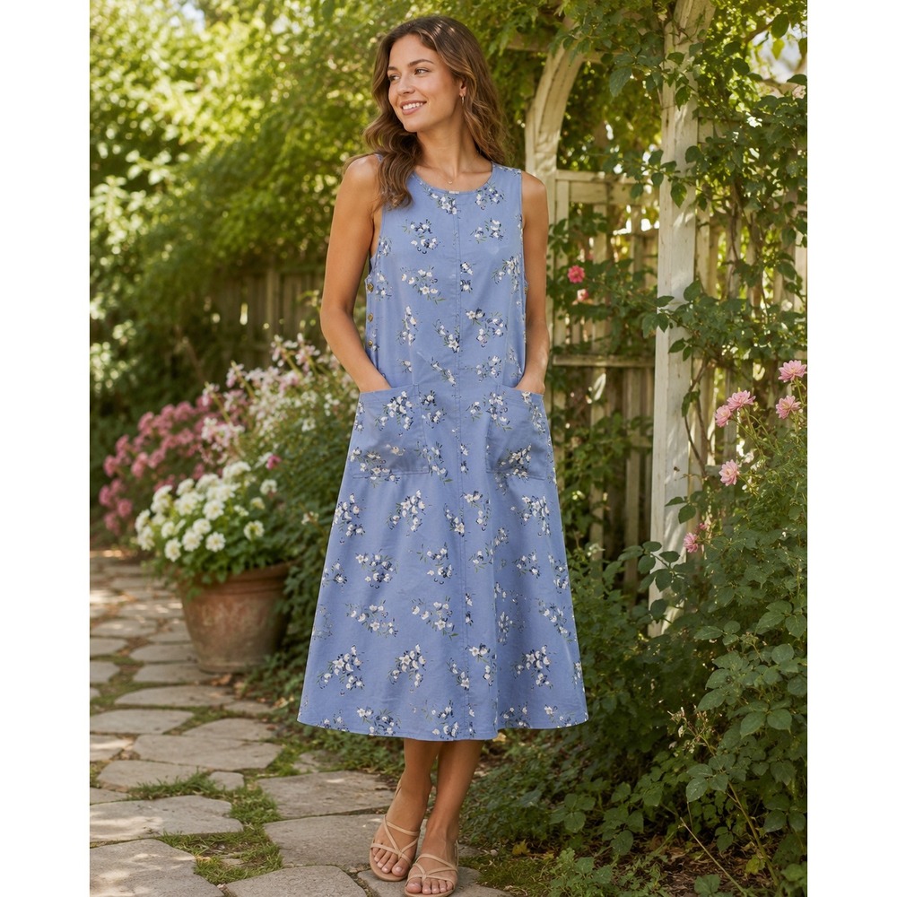 VTG Directives Blue Floral Cottagecore Sleeveless Jumper Midi Dress XL Pockets